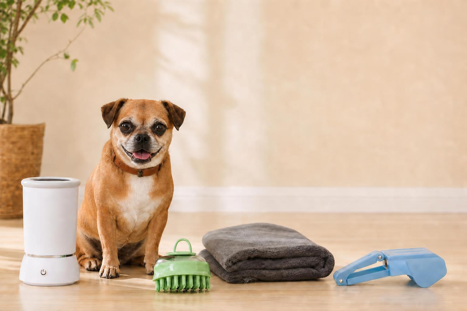 Lolo, el perro de Loloworld, rodeado de los productos de la tienda